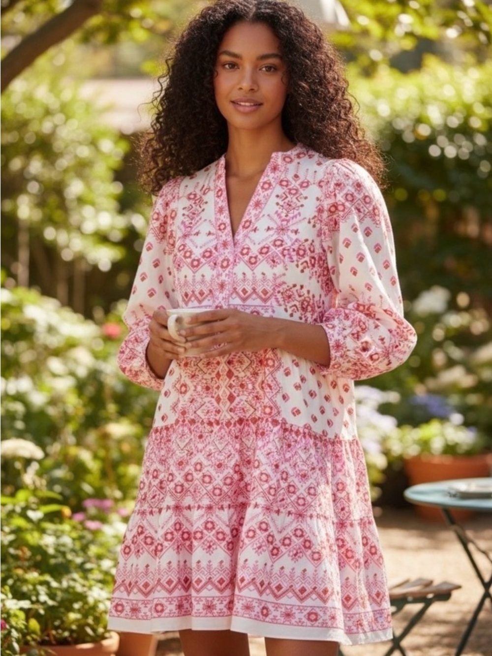 Hale Bob Pink Printed Tiered V-Neck Dress